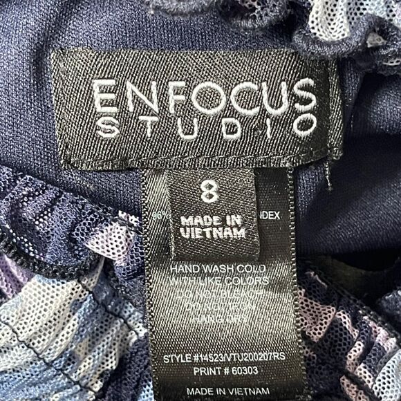 En Focus Studio Dress Womens 8 Navy Blue Purple Floral Smocked Mock Neck - Picture 12 of 16